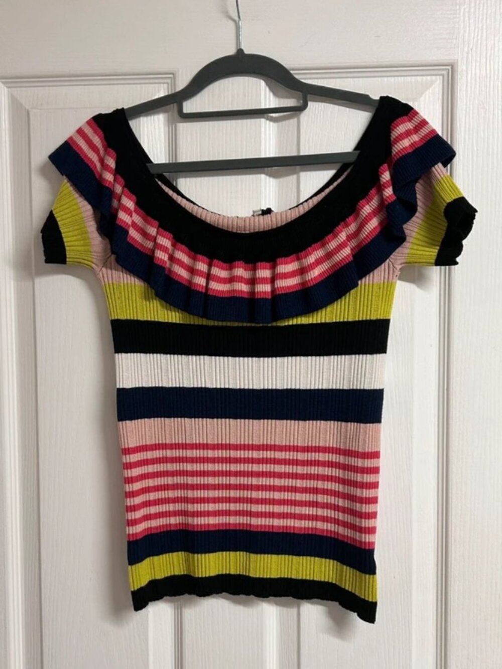 Next Multicolor Stripe Ruffle Off Shoulder Knit Top Women US 10